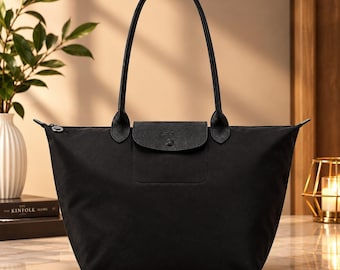 Longchamp Le Pliage Czarna Duża Torba, Składana Nylonowa Torba Podróżna z Zamkiem Błyskawicznym i Uchwytami