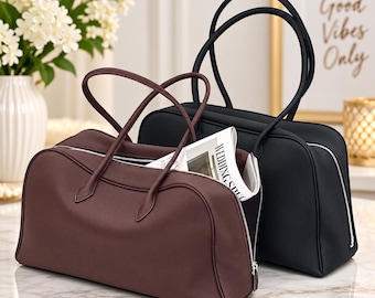 Klassische Bowlingtasche aus Leder, braune Weekender-Tasche mit Reißverschluss, lange Henkel