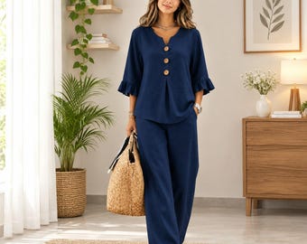 Women's Two Piece Set, Button Top & Wide Leg Pants, Casual Summer Outfit for Women