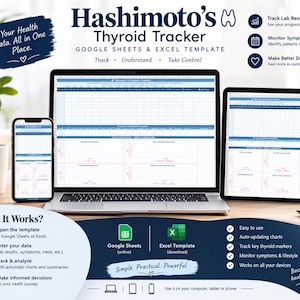 May include: A digital Hashimoto's Thyroid Tracker template for Google Sheets and Excel displayed on a laptop, tablet, and smartphone. The interface features blue and white data tables and charts for tracking lab results, symptoms, and health markers.