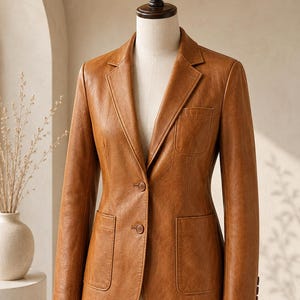 May include: A tan leather blazer featuring a notched lapel, two front buttons, a single chest pocket, and two lower patch pockets. The jacket is displayed on a mannequin, showcasing long sleeves with three small buttons at each cuff.