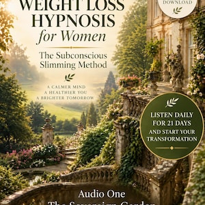 Könnte beinhalten: Ein digitales Cover für Weight Loss Hypnosis for Women: The Subconscious Slimming Method mit einer Steintreppe, die zu einem üppigen Garten führt. Der Text umfasst Instant MP3 Download, Listen Daily for 21 Days und Audio One The Sovereign Garden.