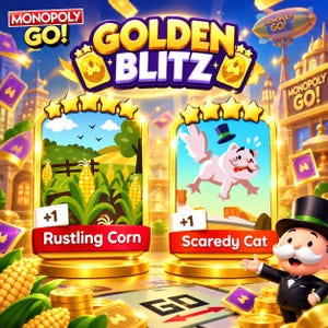 May include: A Monopoly GO Golden Blitz promotional graphic featuring two game cards. The left card shows a cornfield with the text Rustling Corn. The right card shows a white cat wearing a top hat with the text Scaredy Cat. Mr. Monopoly stands in the foreground.