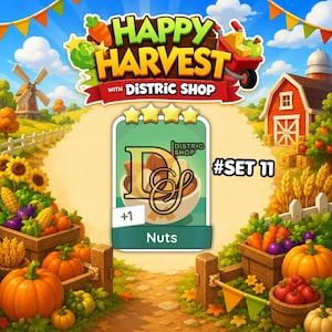 Op de afbeelding: Een digitale spelkaart getiteld Nuts uit Set 11, met een kom gemengde noten en het logo Distric Shop. De kaart wordt weergegeven tegen een levendige boerderijachtergrond met pompoenen, zonnebloemen, een rode schuur en een windmolen onder een blauwe lucht.