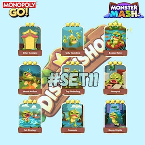 Może przedstawiać: Kolekcja ośmiu cyfrowych kart Monopoly GO Monster Mash oznaczonych jako #SET11. Każda karta przedstawia zielonego stwora z bagien w różnych scenariuszach, w tym Enter Swampie, Ugly Muckling, Swamp Hang, Marsh Mellow, Top Underling, Swamped, Exit Strategy, Swampie i Boggy Nights.