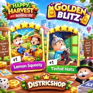 GOLDEN BLITZ STICKER Lemon Squeezy & Tinfoil Hats  Monopoly Go Gold Card Fast Delivery