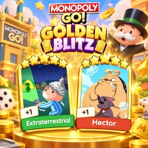 GOLDEN BLITZ STICKER Extraterrestrial & Hector  Monopoly Go Gold Card Fast Delivery