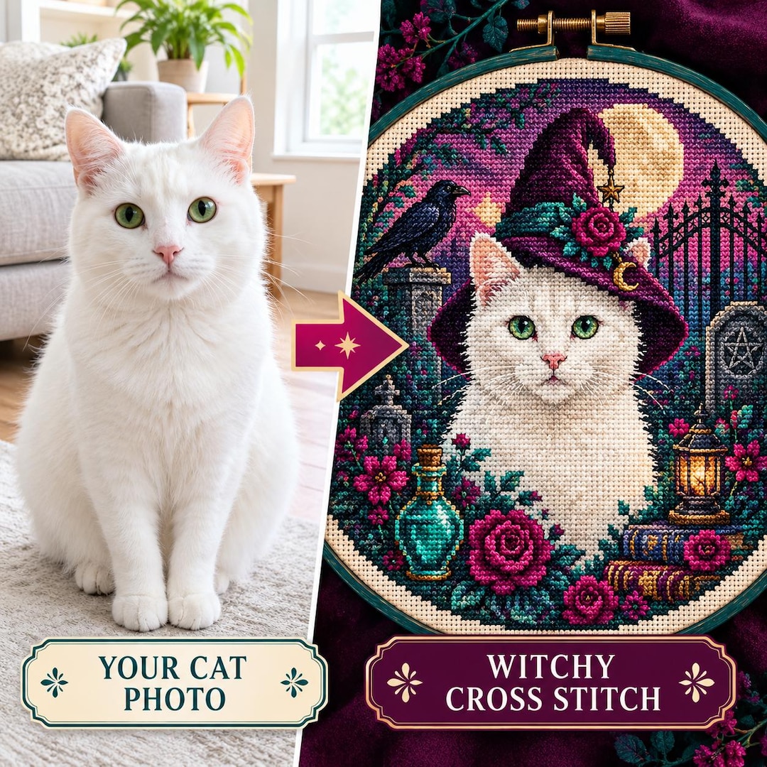 Custom Witchy Cat Cross Stitch Pattern From Photo, Personalized Cat Portrait PDF, Witchy Cat Lover Gift