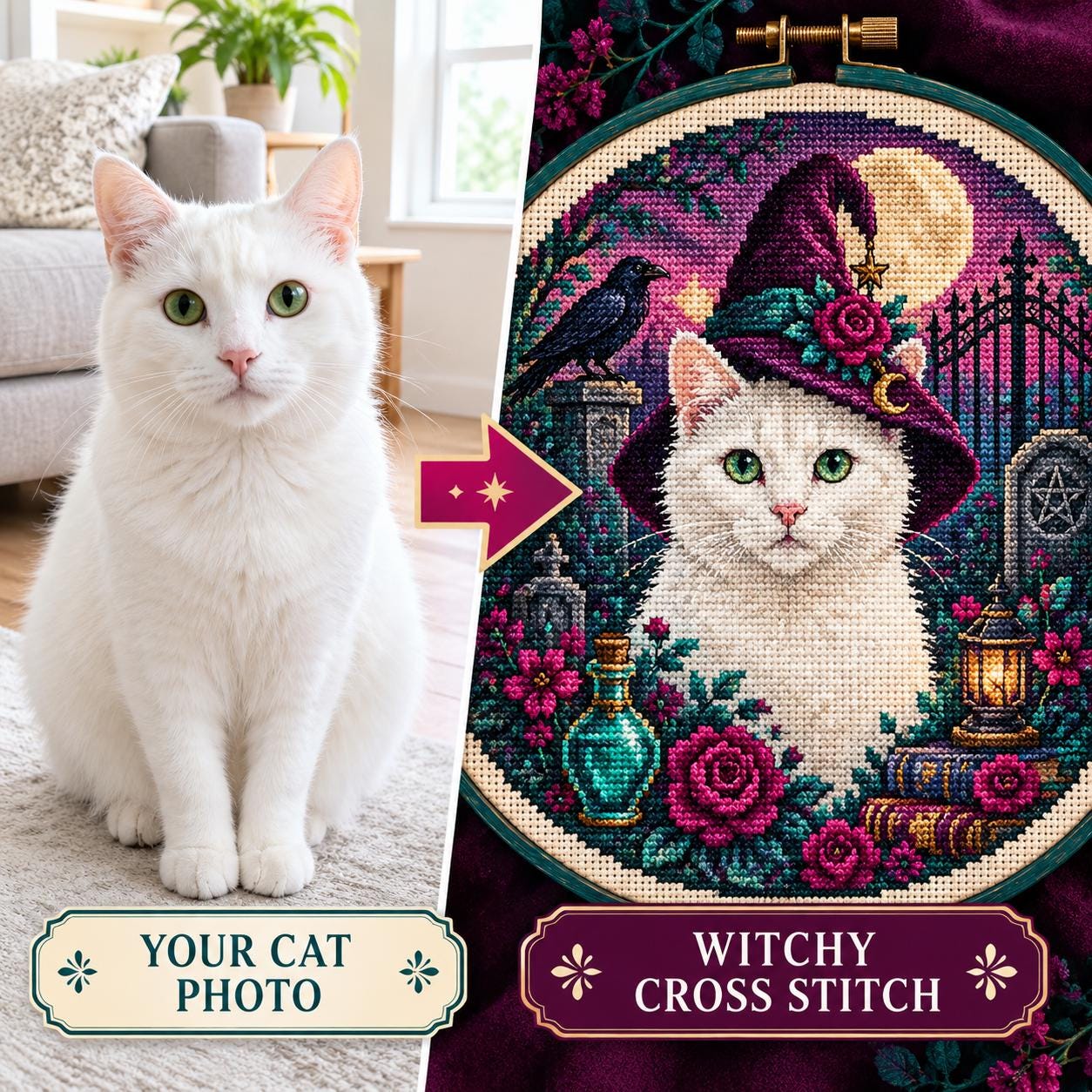 Custom Witchy Cat Cross Stitch Pattern From Photo, Personalized Cat Portrait PDF, Witchy Cat Lover Gift
