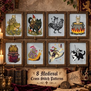 May include: A collection of eight framed cross stitch patterns featuring medieval fantasy illustrations, including a knight on a frog, a gnome on a wolf, a frog on a rooster, a cat in a cauldron, a frog on a jar, a snail castle, a frog on a goose, and a knight on a cat, with text reading 8 Medieval Cross Stitch Patterns.