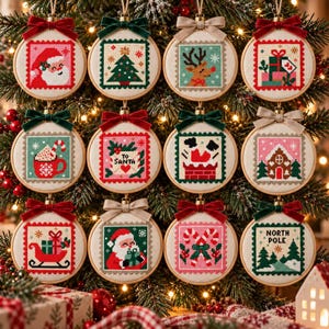 May include: Twelve circular wooden embroidery hoops containing cross-stitch Christmas designs. Each hoop features a square fabric panel with festive motifs like Santa, reindeer, trees, and gifts, topped with a small velvet or fabric bow.