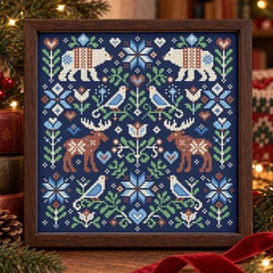 Nordic Winter Animal Cross Stitch Sampler, Polar Bears Moose and Birds, Scandinavian Folk Art Cross Stitch Pattern PDF