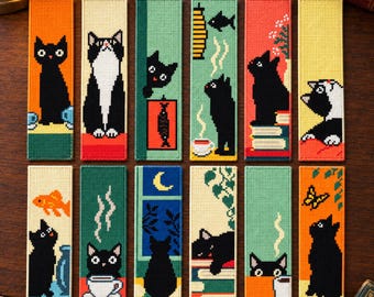 May include: A set of twelve rectangular bookmarks featuring cross-stitch style illustrations of black and tuxedo cats in various scenes, including cats with books, coffee cups, fish, butterflies, and windows, rendered in vibrant colors on a grid pattern.