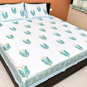 Handblock Printed Cotton Bedsheet, Queen Size Bed Sheet, Blue Floral Bedsheet