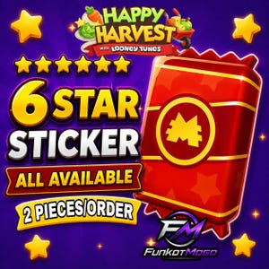May include: A red rectangular sticker pack featuring a yellow circular emblem with a stylized M logo. The graphic includes the text Happy Harvest with Looney Tunes, 6 Star Sticker, All Available, and 2 Pieces/Order, set against a purple background.