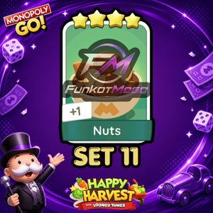 Op de afbeelding: Een digitale Monopoly GO-spelkaart getiteld Nuts, met een kom bruine noten, een gestileerd FM-logo en de tekst FunkotMogo. De kaart maakt deel uit van Set 11, Happy Harvest with Looney Tunes, weergegeven tegen een paarse achtergrond.