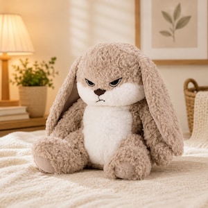 May include: A plush stuffed animal in the shape of a rabbit with long, floppy ears. The rabbit has textured, light brown fur on its head, back, and ears, with a smooth, white patch covering its chest and face. It features a dark brown nose and an angry expression.