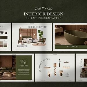 May include: A digital presentation template titled Total 85 Slide Interior Design Client Presentation. The slides feature layouts for kitchens, bedrooms, and bathrooms, showcasing furniture, lighting fixtures, and mood boards with green and brown tones.