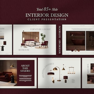 Op de afbeelding: Een digitale presentatiesjabloon voor interieurontwerp voor klanten met meer dan 85 dia's. De lay-out bevat secties voor conceptborden, meubelindelingen, moodboards, verlichtingsarmaturen en studio-informatie in een dieprode kleur.