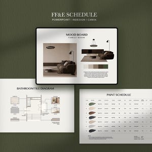 Op de afbeelding: Een digitaal FF&E-schema-sjabloon met een moodboard voor een familiekamer, een badkamertegeldiagram en een verfschema-tabel. De documenten bevatten interieurontwerplay-outs, kleurenpaletten en tekstlabels op een donkergroene achtergrond.