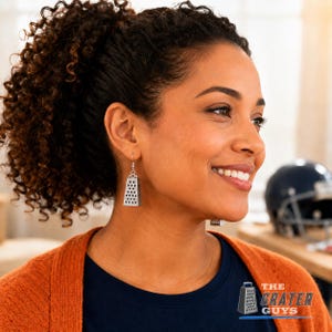 May include: A pair of silver-toned dangle earrings shaped like miniature kitchen cheese graters. Each earring features a rectangular body with a perforated surface pattern and a small metal loop at the top for attachment to the ear wire hook.