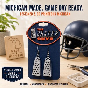May include: A pair of silver-colored cheese grater earrings attached to a dark blue display card featuring the text THE GRATER GUYS. The card has an orange border and a small grater icon. The earrings are dangling from silver-toned metal hooks.
