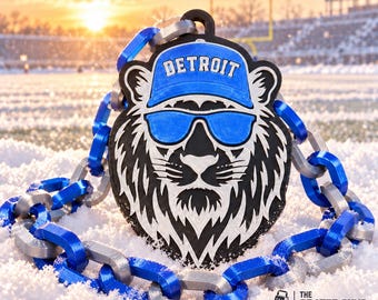 Chill Lion Detroit Football Fan Chain, Oversized Blue and Silver 3D Printed Game Day Necklace, Tailgate Gift