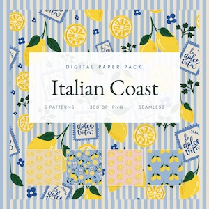 Puede incluir: Un paquete de papel digital titulado Italian Coast que presenta cinco patrones sin costuras con limones amarillos, hojas verdes, pequeñas flores azules y sellos rectangulares con el texto la dolce vita sobre un fondo de rayas verticales azules y blancas.