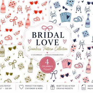 Puede incluir: Un gráfico digital con el texto BRIDAL LOVE Seamless Pattern Collection en cuatro combinaciones de colores. Los patrones incluyen ilustraciones de botellas de champán, anillos de boda, gafas de corazón, cartas de juego y lazos.