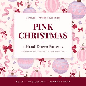Puede incluir: Una colección de patrones sin costuras con adornos navideños rosas y lavanda, lazos rojos, bastones de caramelo y cintas sobre un fondo claro. El texto central dice: SEAMLESS PATTERN COLLECTION PINK CHRISTMAS 3 Hand-Drawn Patterns.