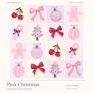 Puede incluir: Una cuadrícula de ilustraciones dibujadas a mano con cerezas, lazos rosas, adornos navideños, figuras de pan de jengibre, bastones de caramelo y árboles pequeños en tonos rosa, rojo y lavanda. El texto dice PATTERNSTUDIOCL, ORIGINAL HAND-DRAWN, Pink Christmas, PATCHWORK DIGITAL PATTERN e INSTANT DOWNLOAD.