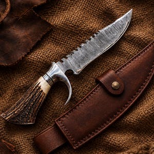 Puede incluir: Un cuchillo de hoja fija con mango de asta texturizado, virola de metal plateado y hoja de acero con lomo dentado. El cuchillo se acompaña de una funda de cuero marrón con un cierre de botón a presión de metal.