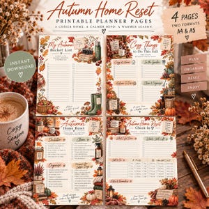 May include: Four printable planner pages titled Autumn Home Reset, featuring fall-themed illustrations of leaves, pumpkins, and cozy items. The pages include checklists for bucket lists, to-do items, decluttering, and check-ins, available in A4 and A5 sizes.
