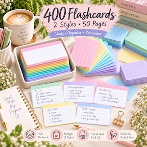 May include: A set of 400 flashcards in 2 styles across 50 pages, featuring pastel-colored lined cards in a tray. Includes a mug with text, a spiral notebook with the text Small Steps Big Progress, and cards with handwritten notes like To Do and Key Facts.