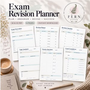 Pode incluir: Um conjunto de modelos digitais Exam Revision Planner com seis páginas, incluindo Exam Overview, Revision Planner, Revision Checklist, Topic Summary, Practice Questions e Exam Countdown. As páginas são tamanho A4 e A5 em PDF.