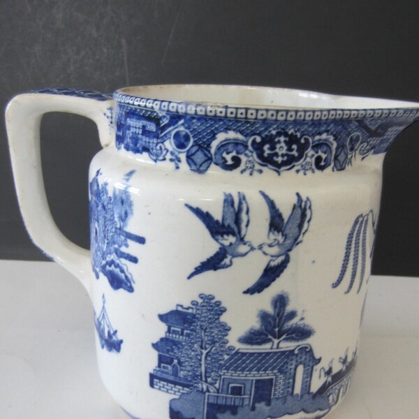 Buffalo Pottery 1911 Pitcher** Blue Willow Pattern* Semi Vitreous Pottery 1911* Lovely Vintage Condition** Wonderful Bright Transfer Pattern