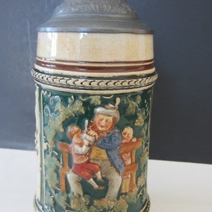 Vintage GERMAN  POTTERY STEIN*** Vintage Beer Stein with Pewter Hinged Lid * German Mug**Lovely Colorful Scene** Good Condition