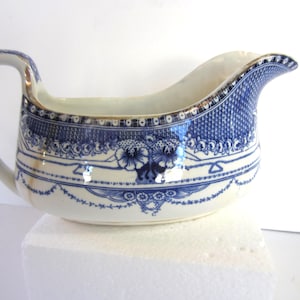 May include: A white and blue ceramic gravy boat with a handle and spout. The boat features a blue floral and geometric pattern with gold trim. The design is symmetrical and covers the exterior of the boat.