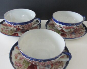 GEISHA GIRLS 3 Sets Cup and Saucers  1950's**Chop Marks**  Beautiful Hand Painted Rare Blue Rim Cup , Saucers* Gold Accents* Buying 3 sets