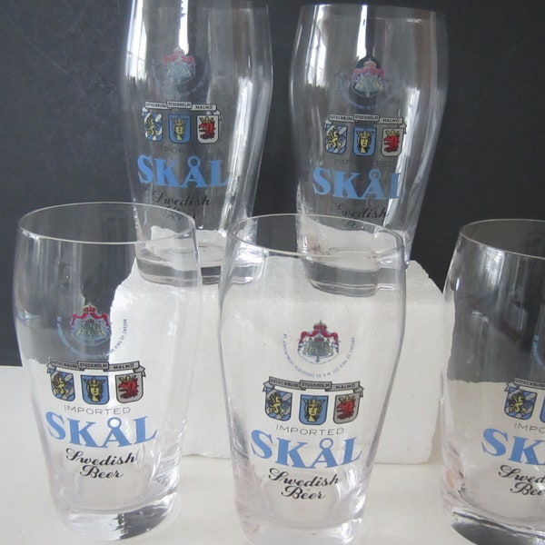 5 Vintage SWEDISH BEER GLASSES ** Skal **Cheers** Good Health*  Lovely Clear Glass Beer or Beverage Glasses*** Brewery Logo** Good Condition