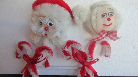 VINTAGE CHENILLE PIPECLEANER  Santa , Mrs. Claus and 2 Candy Canes Magnets*  Pipe Cleaners and Styrofoam * Christmas Tree Ornaments **1970's