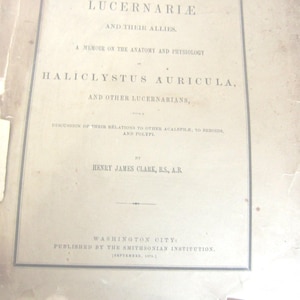 May include: A vintage, off-white paper document titled Smithsonian Contributions to Knowledge, Lucernariae and Their Allies, A Memoir on the Anatomy and Physiology of Haliclystus Auricula, and Other Lucernarians by Henry James Clark, B.S., A.B.