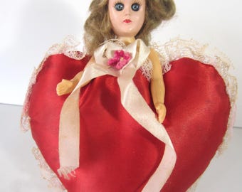 HEART PIN CUSHION Doll** 1950's**  Red Satin and Lace** Sleep Eyes** Lovely Condition