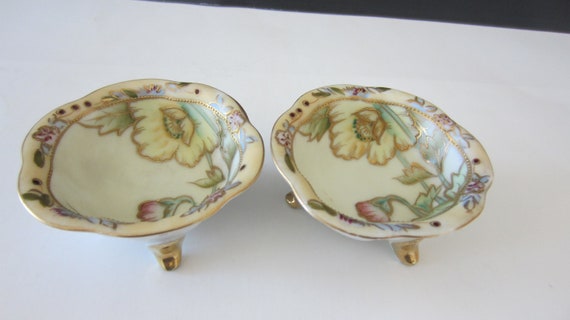 2  NUT Bowls *  Salt Cellars**Moriage Pattern* Gold Accents* Beautiful Hand Painted** Wonderful Colors and Designs** 1920' Great Condition