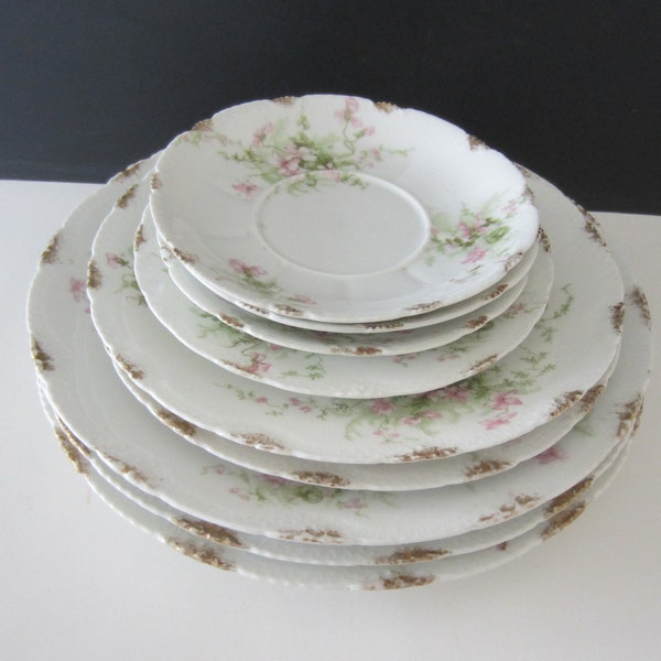 Antique Theodore HAVILAND LIMOGUES FRANCE  9 Assorted Plates* Early 1900's**Pink Flower Pattern *Some Nicks**Buying All 9 Pieces**