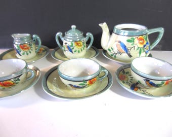 Child's Toy Tea Set ** Bone China Japan** 12 Assorted Pieces Doll Pretend Play Set **Green Lusterware**Plum Blossom *Blue Bird  1940's