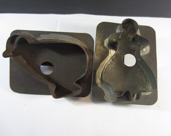Vintage  CHICKEN and WOMAN COOKIE Cutters, Tin Flat Back, Soldered Strapped Handle, Hole Pierced Backing ,1950's,Primitive Kitchen Tool,
