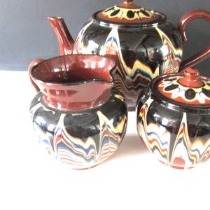 Vintage BULGARIA SLIPWARE CERAMICS* 1960's* Hand Painted**3 Piece Set Tea Pot, Creamer, Sugar*Beautiful Redware Design** Great Condition