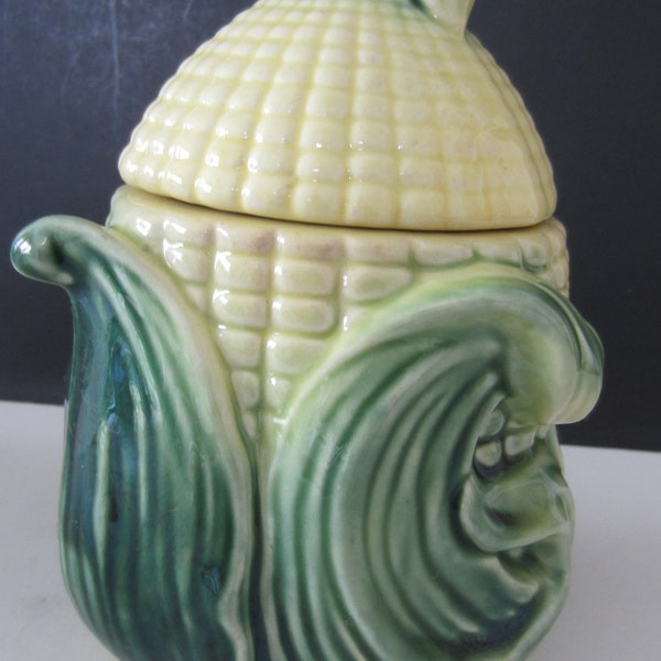 Sanford Ware Big Ear of Corn Covered Storage Jar * 1940's ** Ceramic Kitchen Jar* Bright Yellow and Green* Great  Details**Chipped