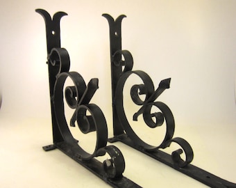 2 Large Wrought Iron Shelf Brackets* Original Gothic, Curved Design**Ornate, Geometric Shelf Support, Great Vintage Condition 7 x 7 in.